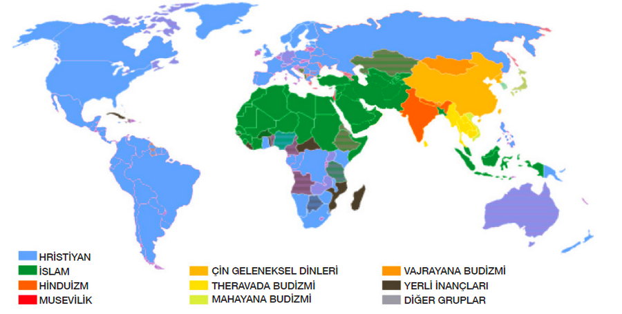 Büyük dinlerin dünyadaki dağılım haritası